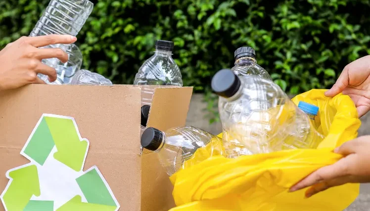 Recycling bins in Cardiff filled with sorted household waste like paper, plastic, and glass